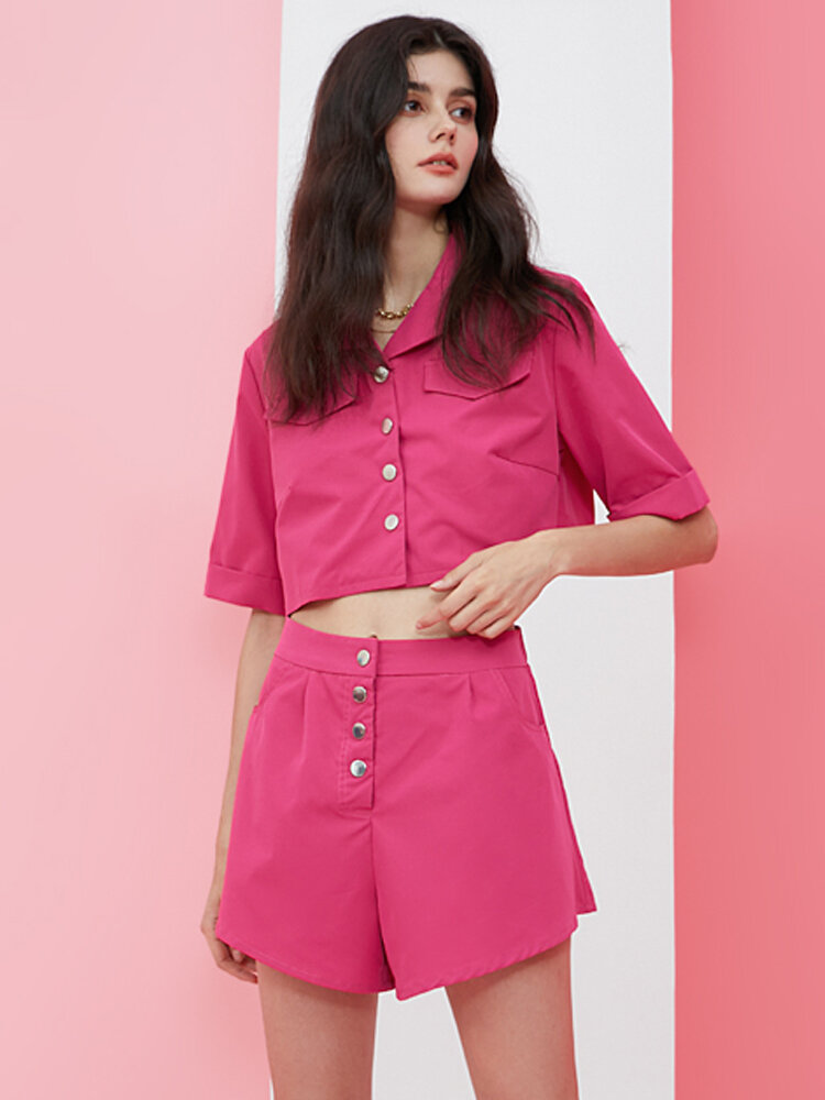 Pink Button Front Pocket Short Sleeve Two Pieces Crop Suit