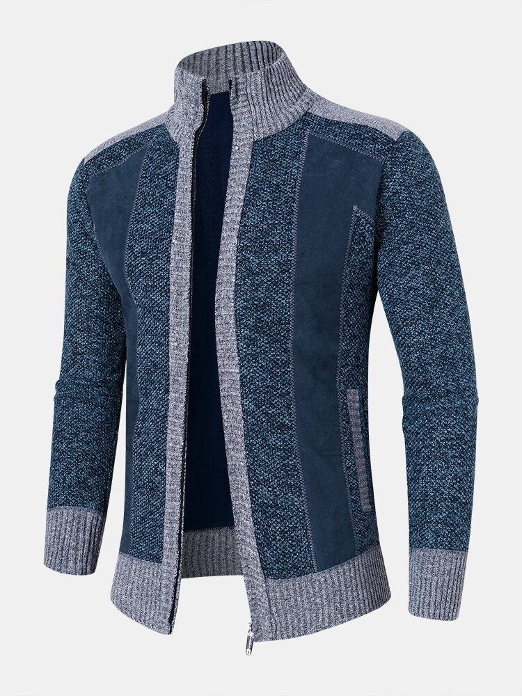 Mens Contrast Stitching Stand Collar Zipper Front Knitted Casual Cardigans