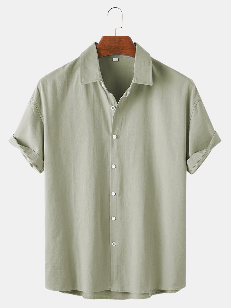 Mens Solid Color Cotton Basic Light Breathable Short Sleeve Shirts
