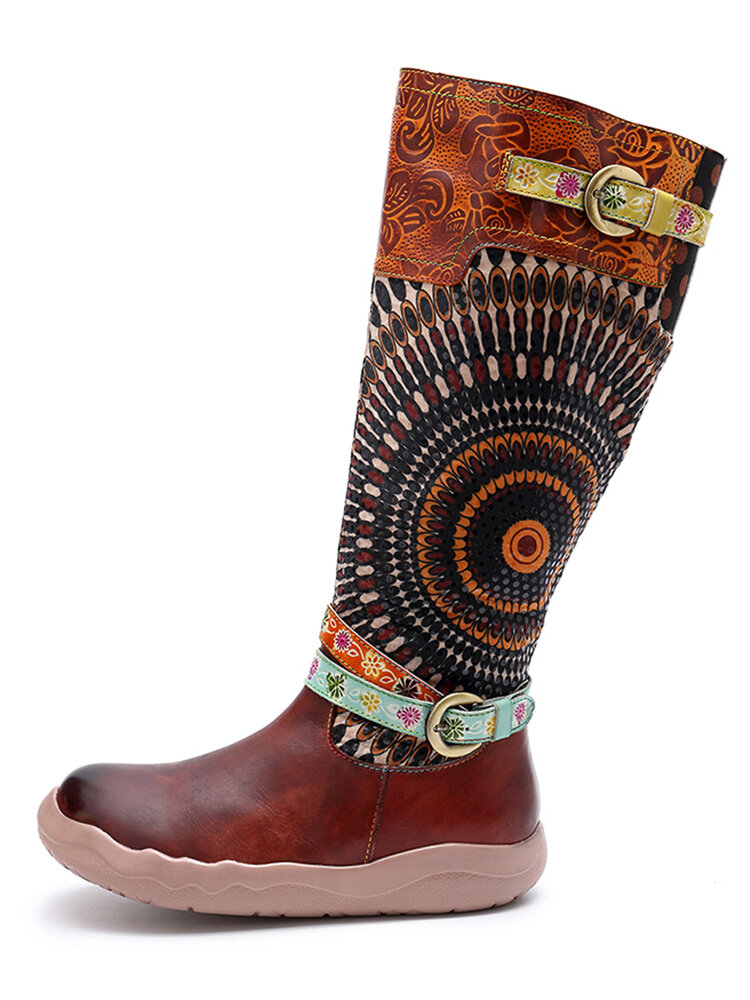 Socofy Bohemia Tribal Pattern Leather Side Zipper Soft Comfortable Lightweight Knee High Boots