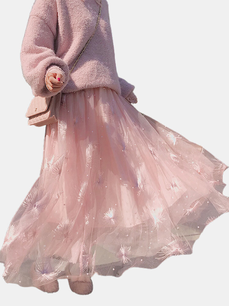 

Flower Embroidery Pleated Mesh Overlay High Waist A-Line Midi Tulle Skirt, White;apricot;purple;pink;blue;light pink