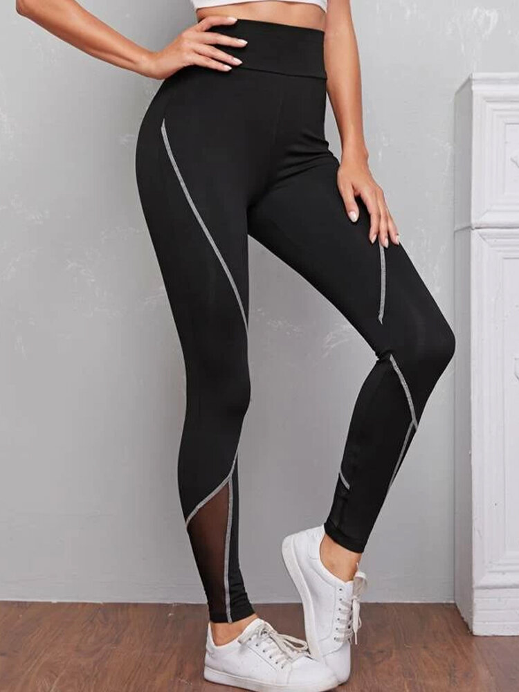 Patch Line Print Elastic Waist Bodycon Sport Casual Leggings for Women