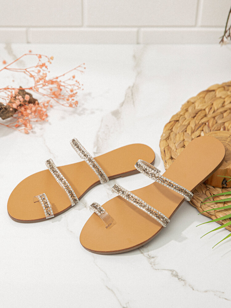 

Women Fashion Bright Diamond Decor Strap Comfy Toe Post Slip On Slides Sandals, Silver