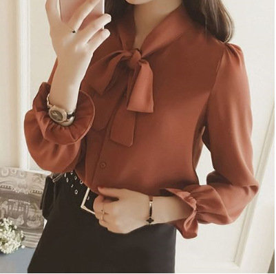 New White Shirt Wild Loose Bow Top With Chiffon Shirt Female Long Sleeves