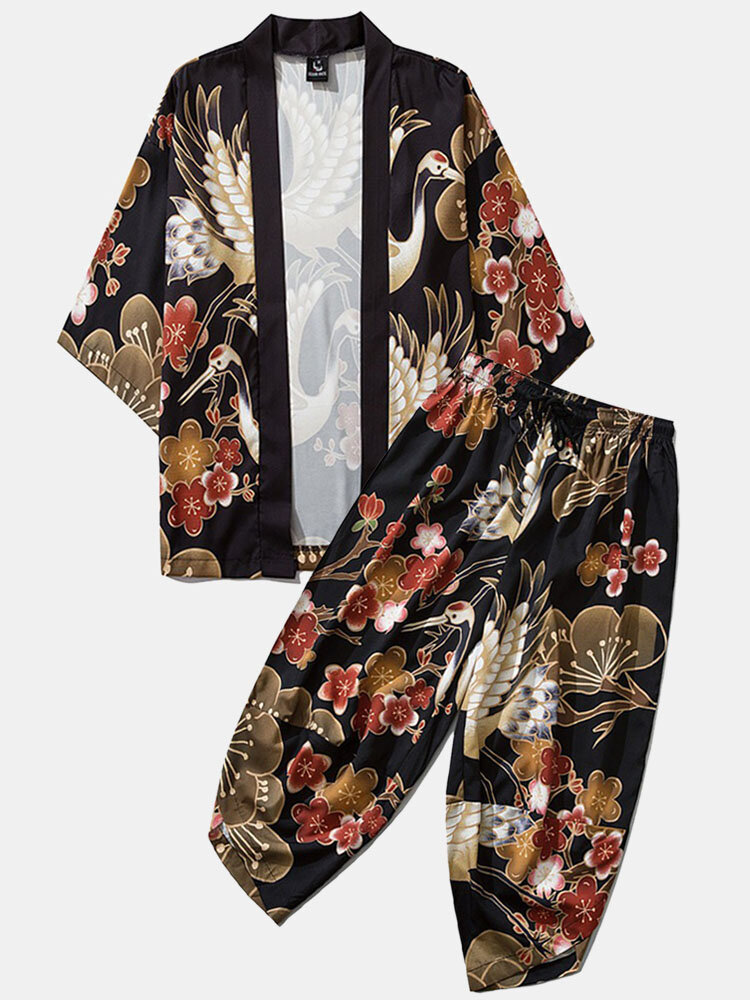 Mens Crane Flower Print Japanese  Style Open Front Kimono & Pants Co-ords