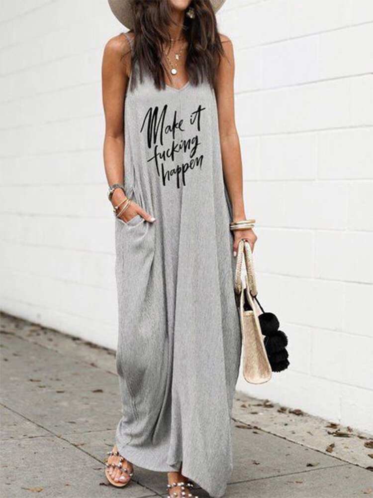 Letter Printed Spaghetti Straps Maxi Dress With Pocket