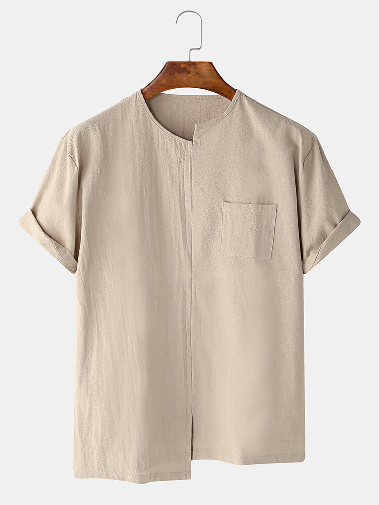 Men Cotton Linen Solid Color Irregular Collar Casual Home T-Shirt