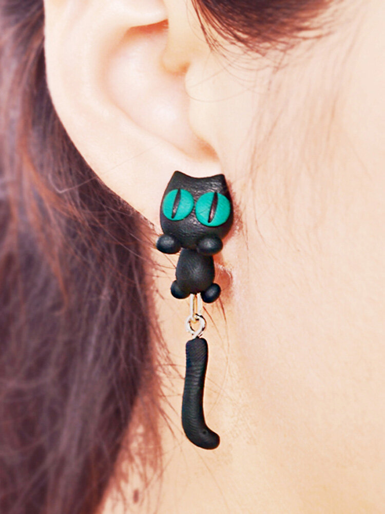 Cute Animal Black Cat Little Kitty Soft Clay Stud Dangle Earrings for Girl Women Ear Jackets