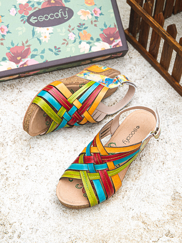 

SOCOFY Leather Colored Ribbons Hook Loop Comfy Wedge Sandals, Multicolor