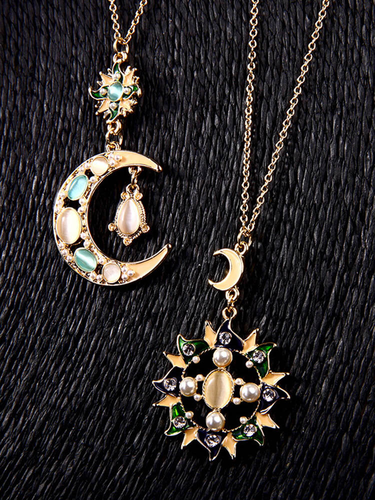 Retro Dragonfly Sun Flower Necklace Rhinestone Star Moon Pendant Necklace For Women