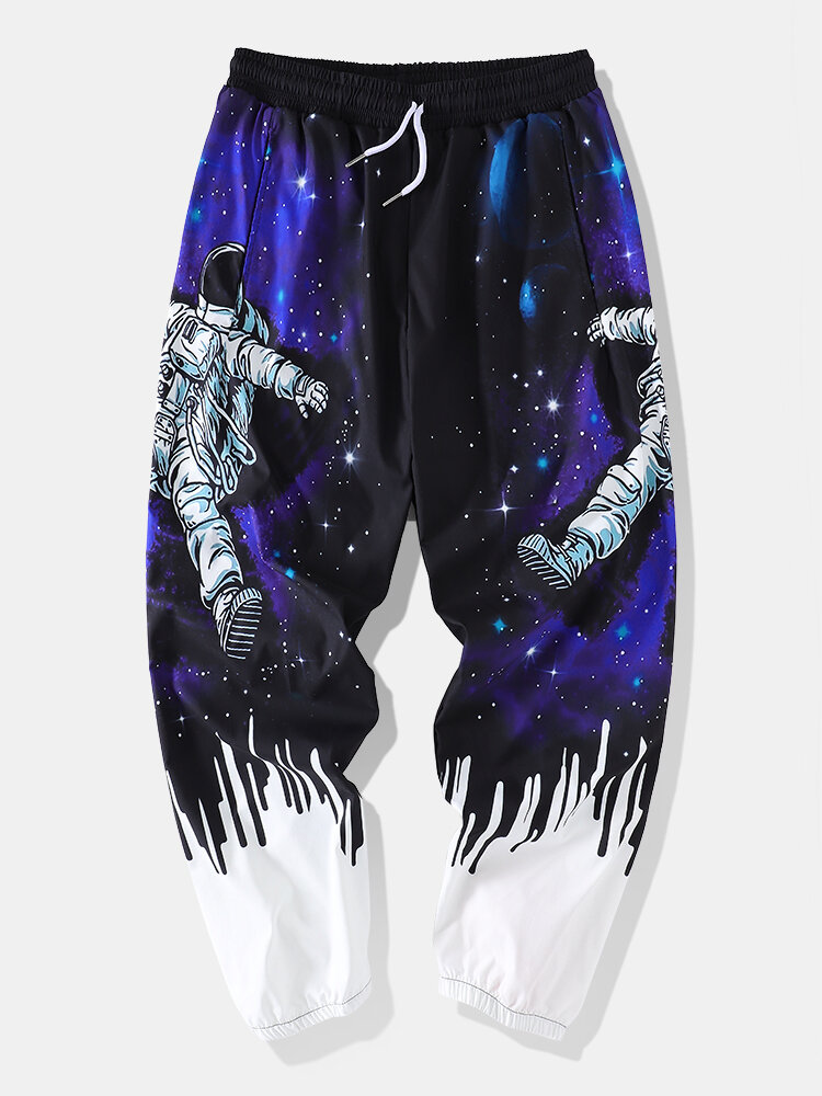 Mens Galaxy Astronaut Print Drawstring Jogger Pants With Pocket
