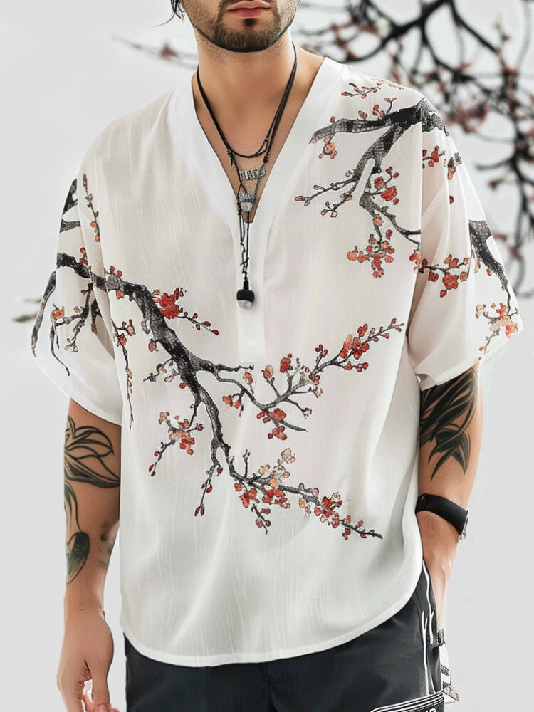 Mens Chinese Cherry Blossoms Print V-Neck Short Sleeve T-Shirts