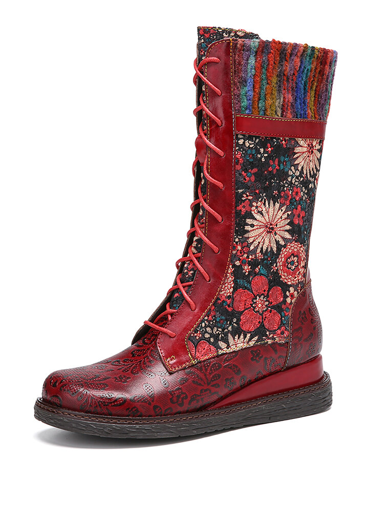 SOCOFY Retro Floral Embossing Flowers Embroidery Leather Comfy Mid Calf Wedges Heel Boots