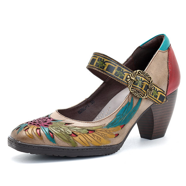 SOCOFY Printing Hollow Out Pattern Mid Heel Buckle Ankle Leather Pumps