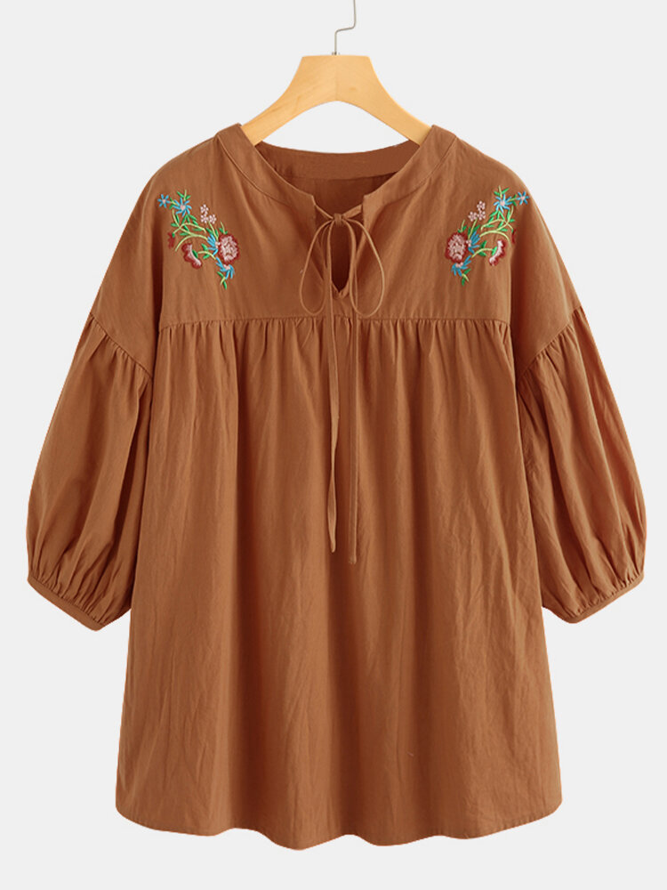Flower Embroidery Puff Sleeves Casual T-shirt For Women