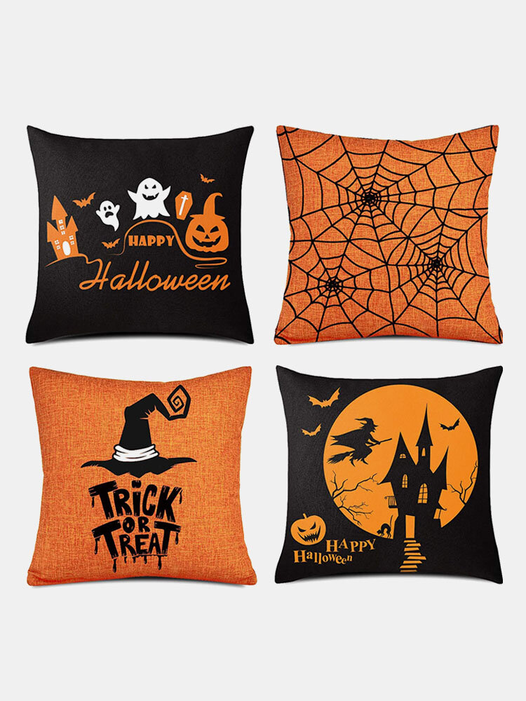 

4 PCs Linen Pumpkin Clown Bat Pattern Halloween Cushion Cover Throw Pillow Cover Pillowcase