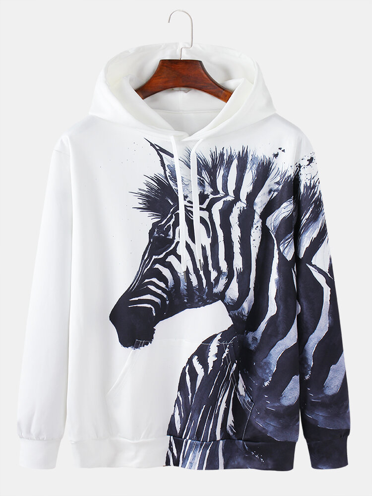 

Mens 3D Zebra Print Daily Relaxed Fit Pullover Kangaroo Pocket Hoodies, White