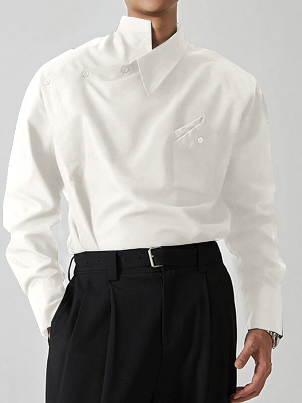 Mens Irregular Oblique Button Design Solid Long Sleeve Shirt