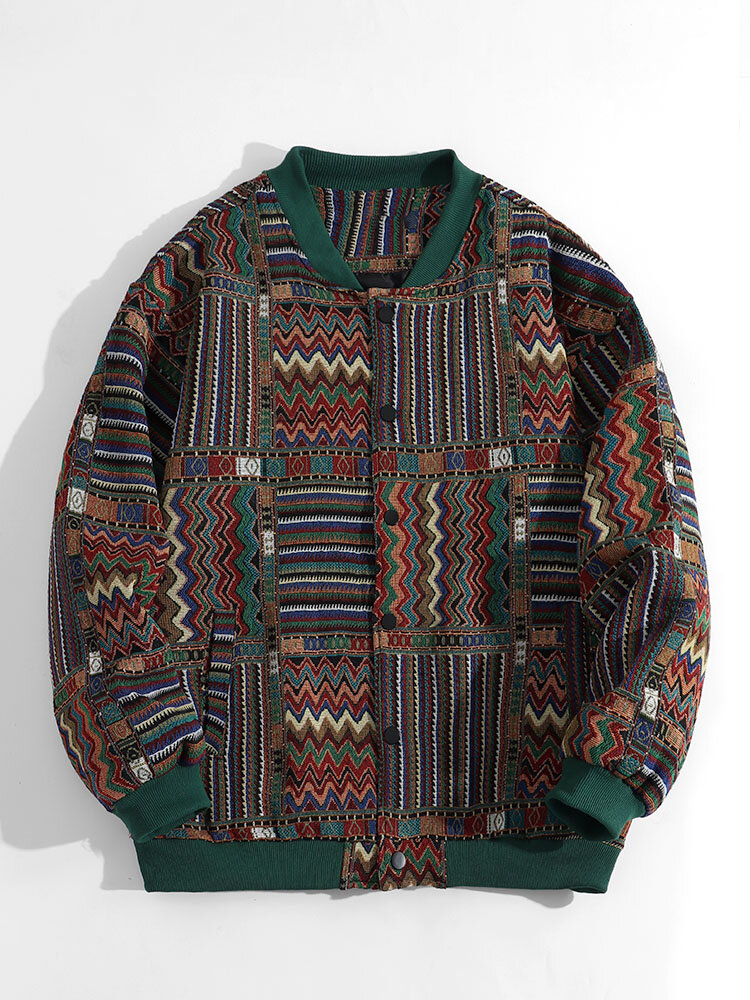 Mens Vintage Ethnic Geo Pattern Snap Button Casual Loose Baseball Jacket
