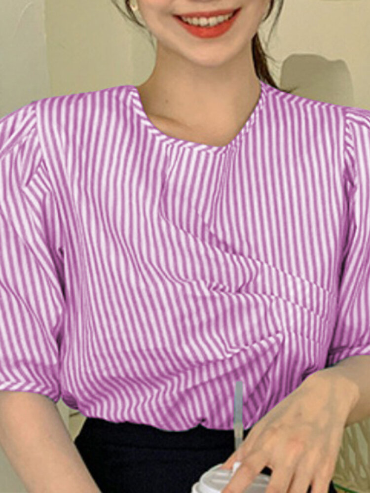 

Pinstriped Back Buttons Puff Sleeve Crew Neck Blouse, Black;pink;blue