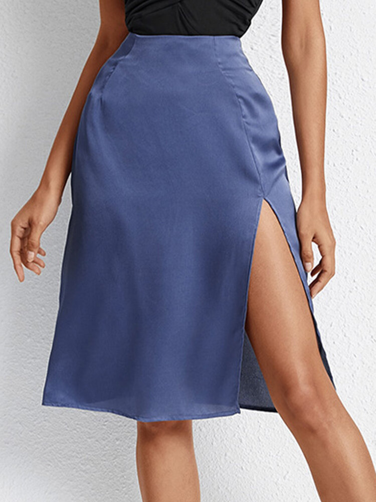 Solid Color Plain Slit Satin Casual Skirt for Women