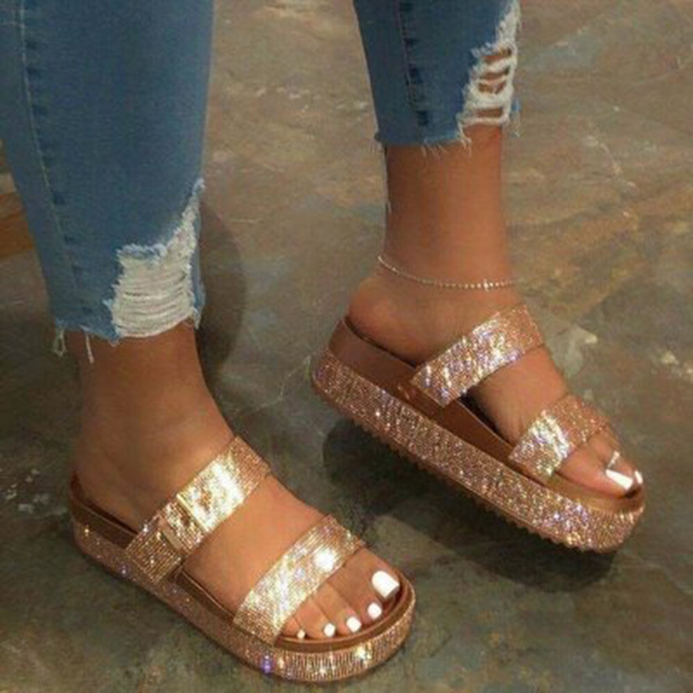 Women Large Size Bling Bling Rhinestone Platform Slides Sandals