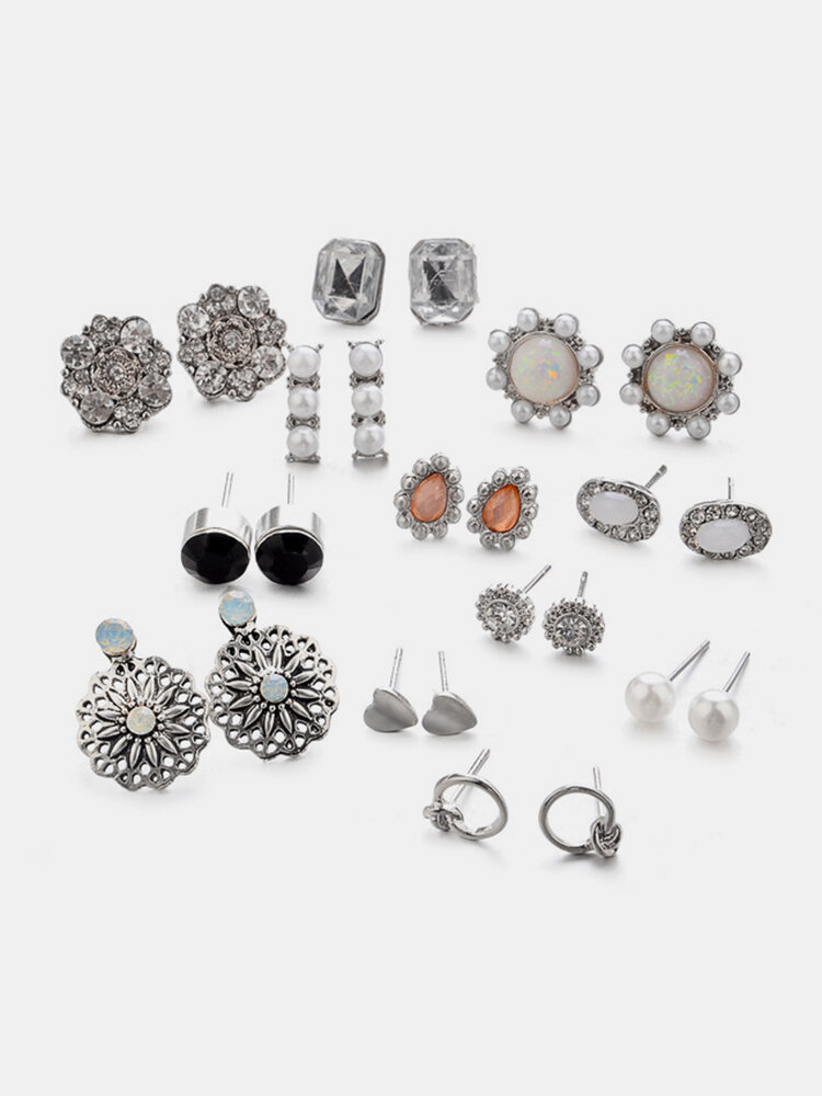 Vintage Geometric Diamond Stud Earring Pearl Gemstone Flower Water Drop Diamond Earrings Set