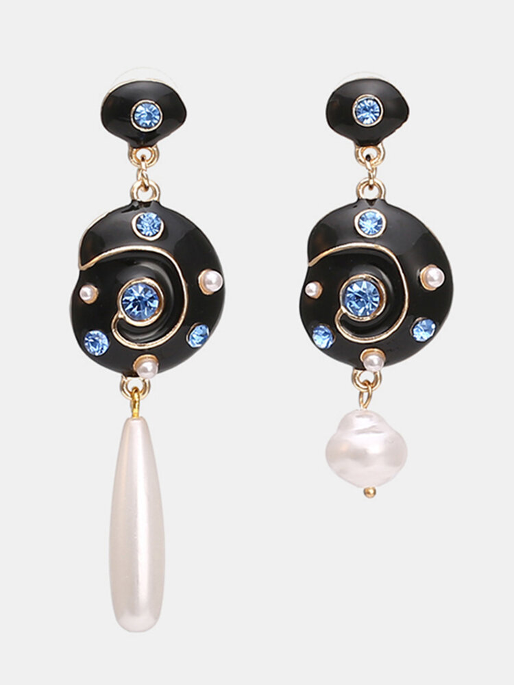 Trendy Metal Black Conch Dripping Pearl Earrings Asymmetric Rhinestone Pendant Earrings