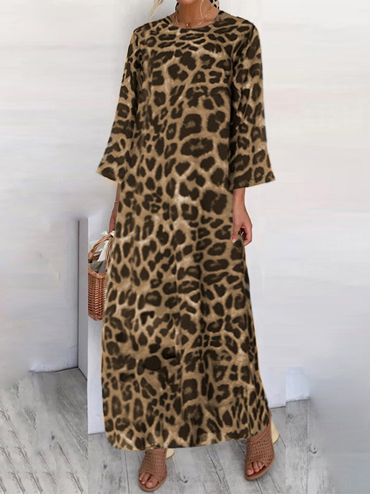 Leopardenmuster 3/4 Ärmel Plus Größe Kleid mit Taschen
