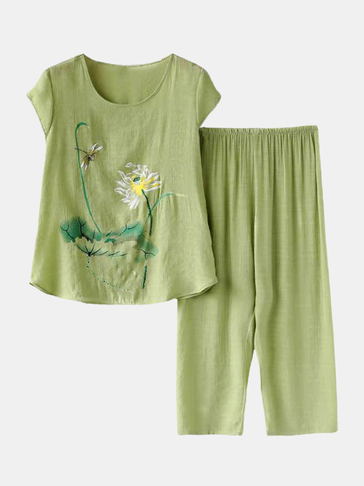 

Plus Size Plants Print Pajamas Linen Softies Breathable O-Neck Summer Loungewear For Women, Light pink;green;khaki;light green;navy;pink;blue