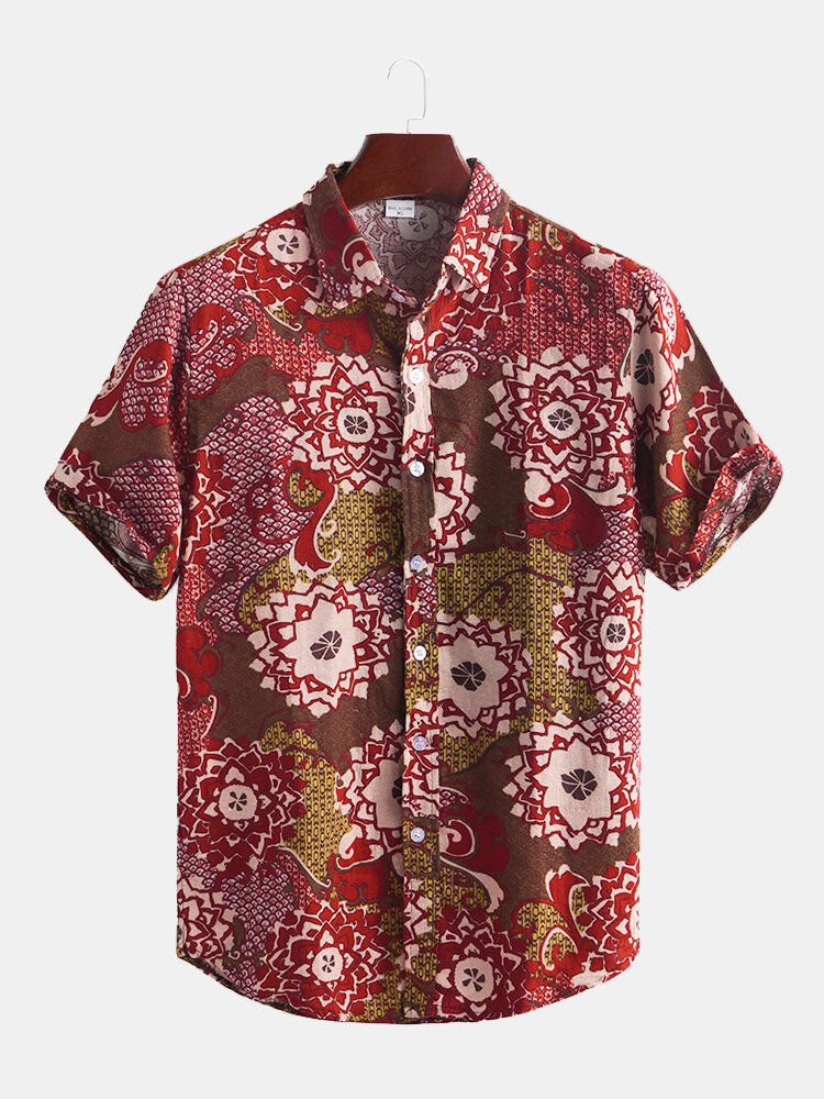 Mens Floral Printing Cotton Breathable Short Sleeve Loose Ethnic Style Casual Shirt 