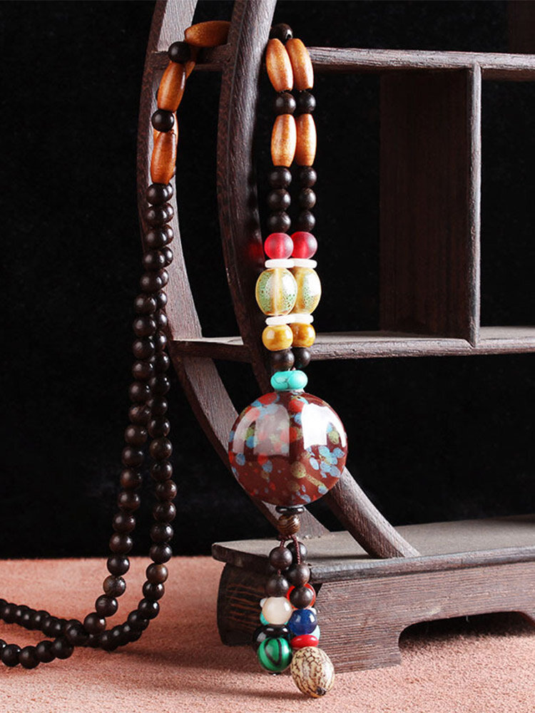 Vintage Ethnic Geometric-shape Beadeds Tassel Pendant Ceramics Bodhi Wooden Beadeds Necklaces