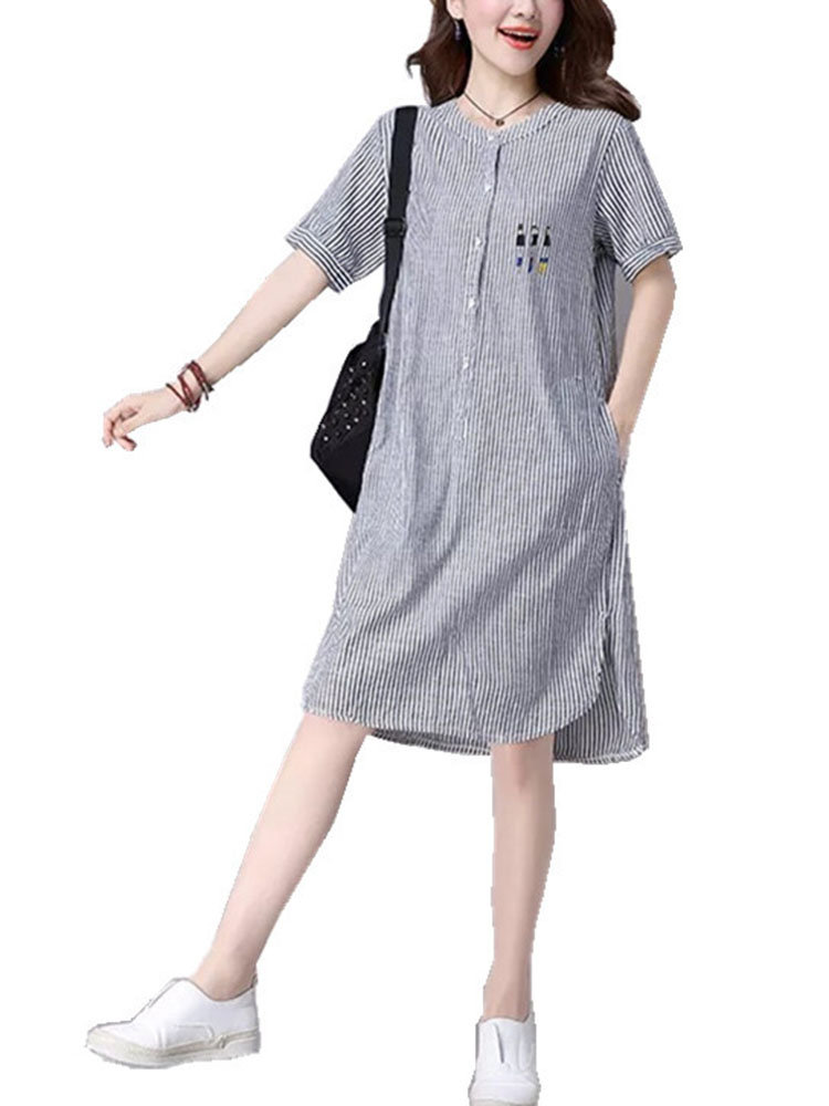 Striped Short-sleeved Loose Cotton Thin Shirt Dress