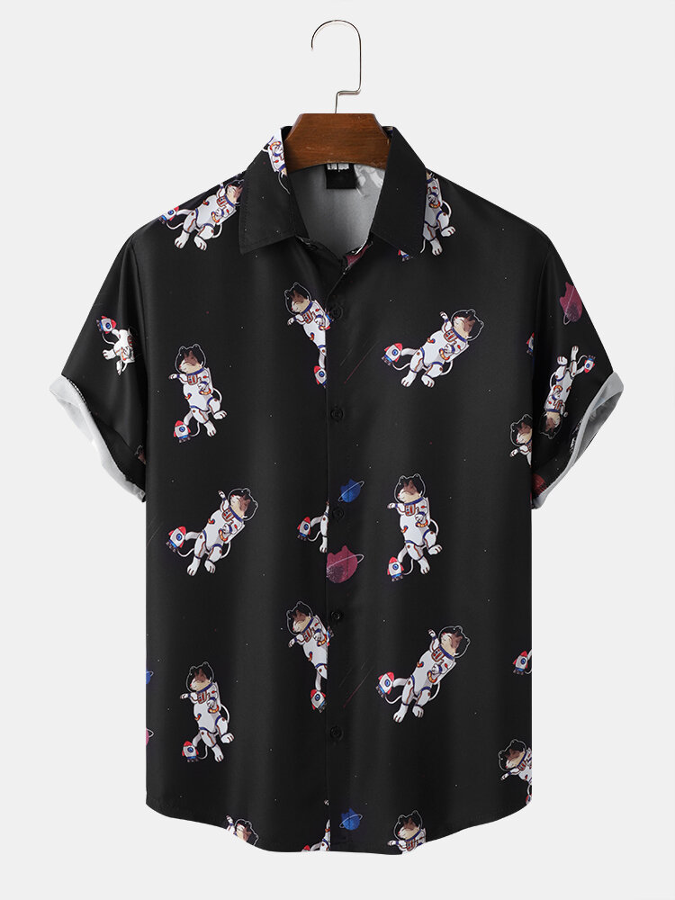 Mens Space Cat Print Button Up Street Short Sleeve Shirts