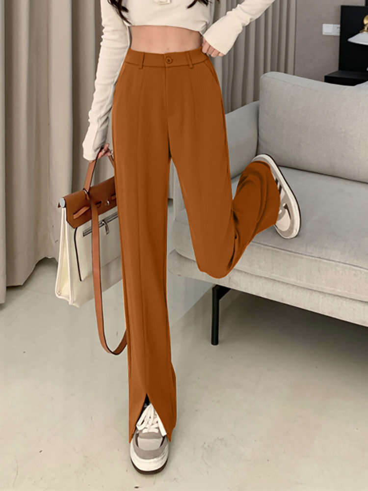 Solid High Waist Pocket Double Slit Hem Tailored Pants, newchic  - buy with discount