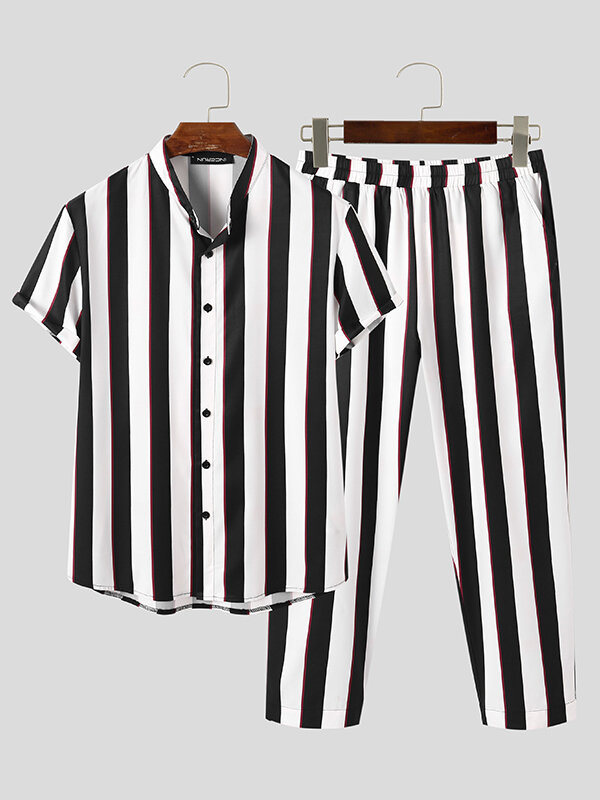 Mens Striped Short Sleeve Shirts Pants Set