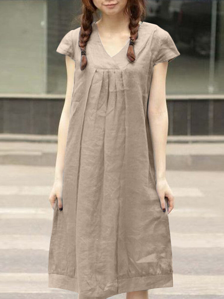 Leisure Solid Ruched Short Sleeve Casual Midi Dress