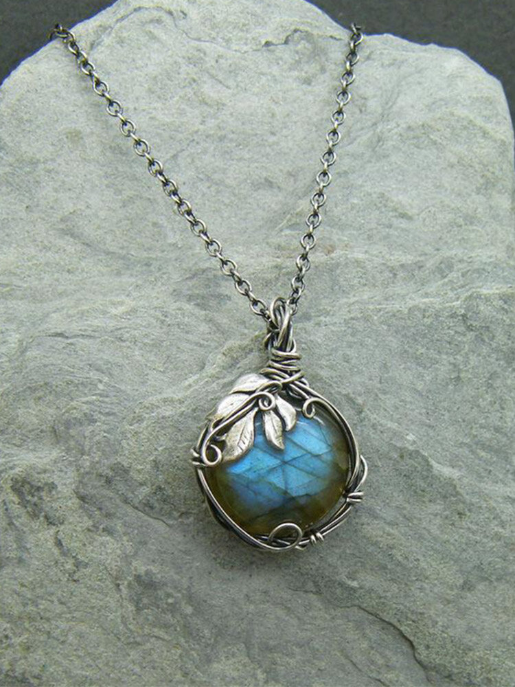 Vintage Leaves Branches Wrapped Around Moonstone Alloy Necklace