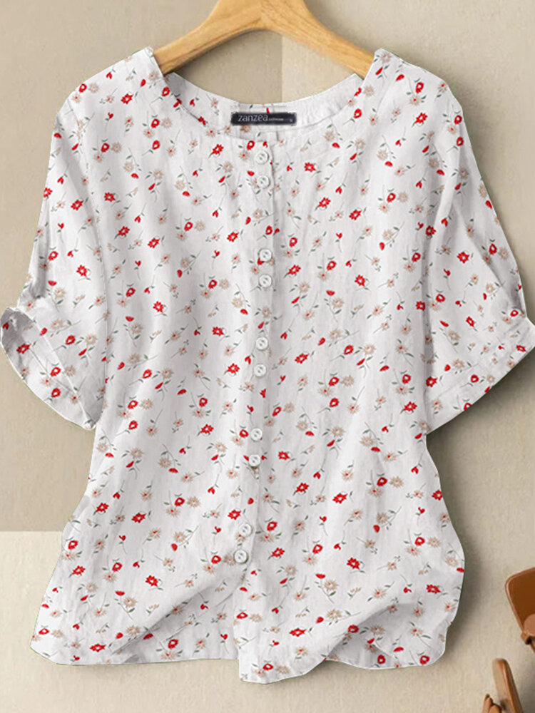 Allover Floral Print Button Front Half Sleeve Casual Blouse
