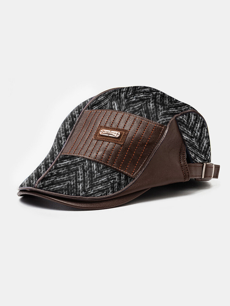 Men Woolen Leather Patchwork Fashion Beret Flat Cap Personality Forward Hat