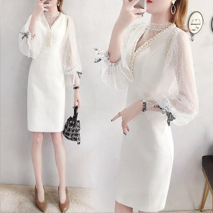 Lace Stitching Solid Color Lantern Sleeve Vest Two-piece Dress
