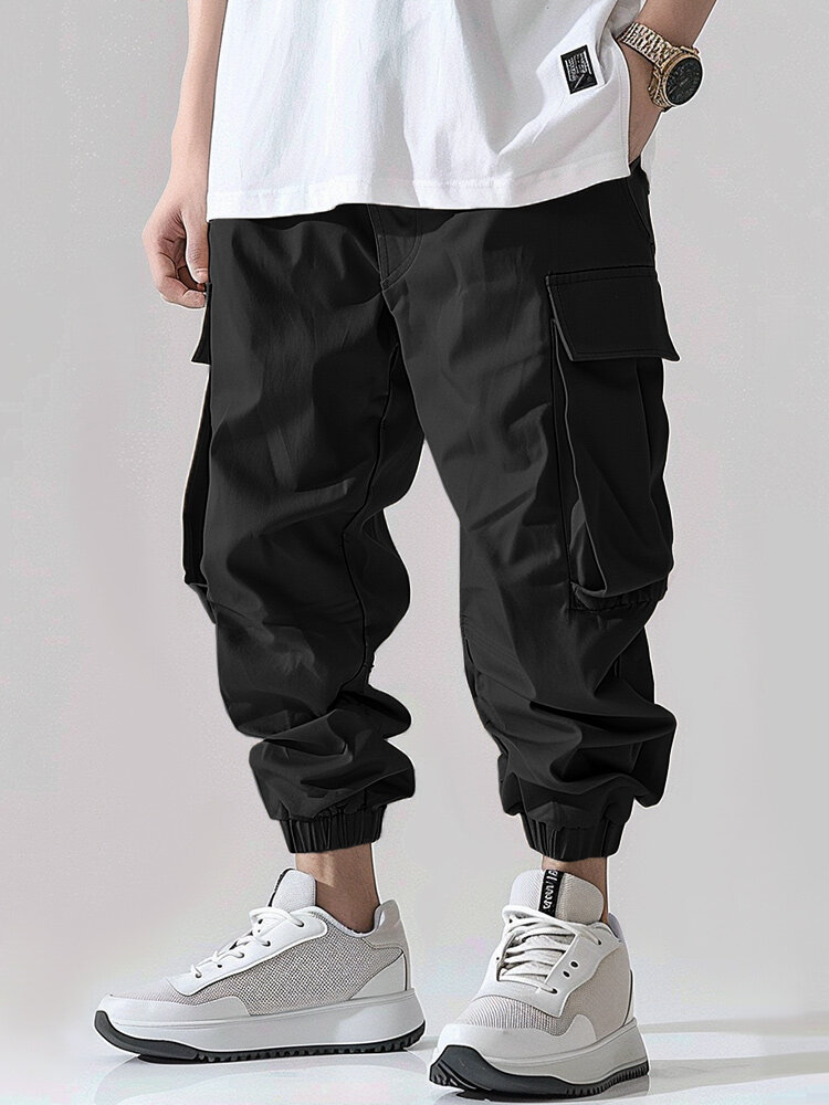 Mens Solid Casual Pocket Bound Feet Cargo Pants