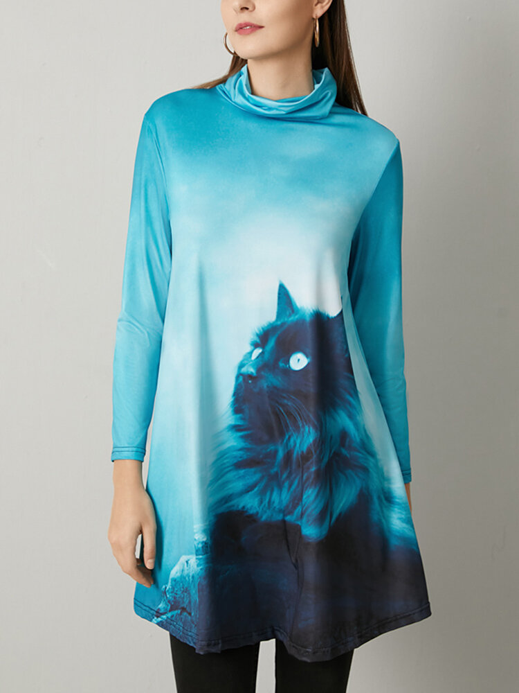 Cartoon Cat Print Turtleneck Long Sleeve Women Casual Dress
