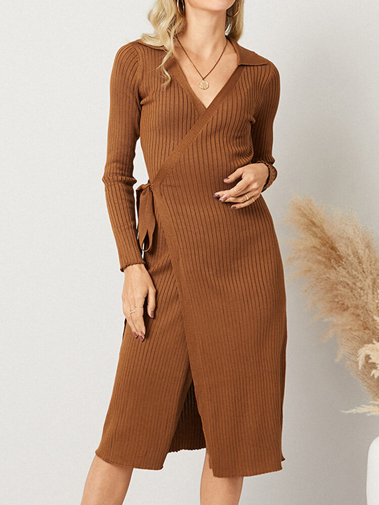 Solid Comfy Knotted Long Sleeve Bodycon Knit Sweater Dress