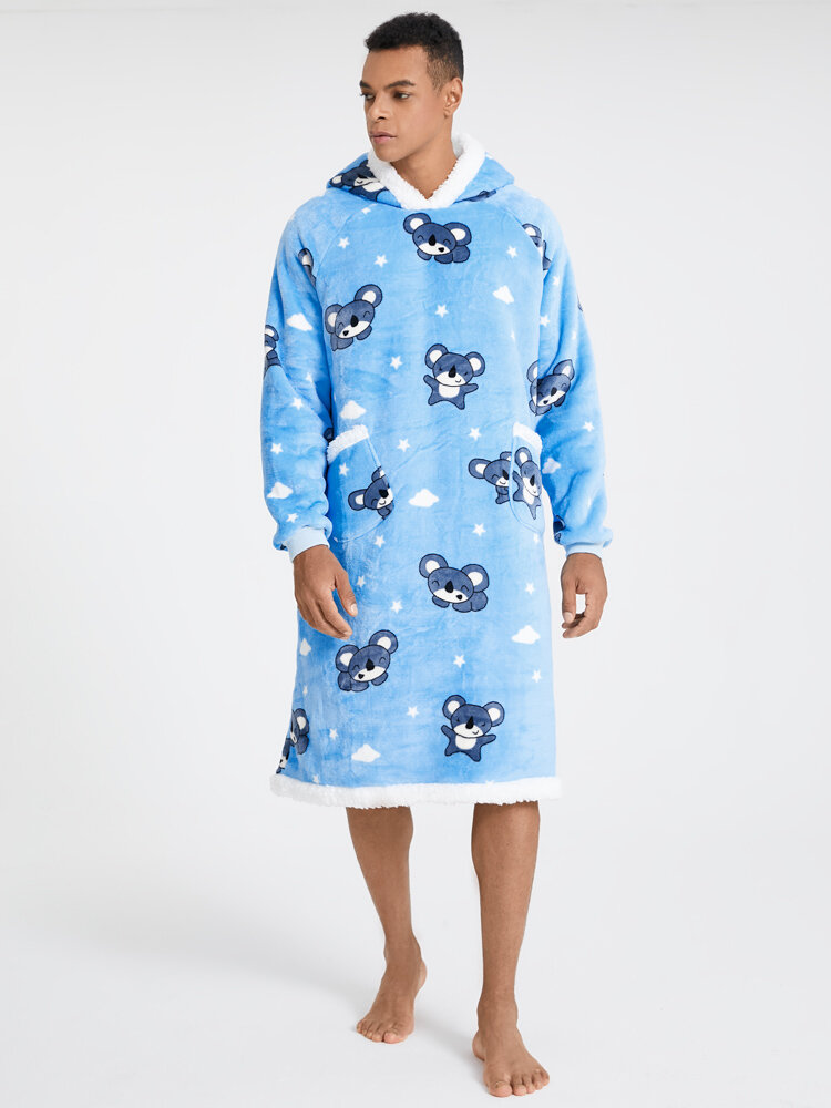 Mens Cartoon Animal Print Flannel Warm Oversized Blanket Hoodie Robes