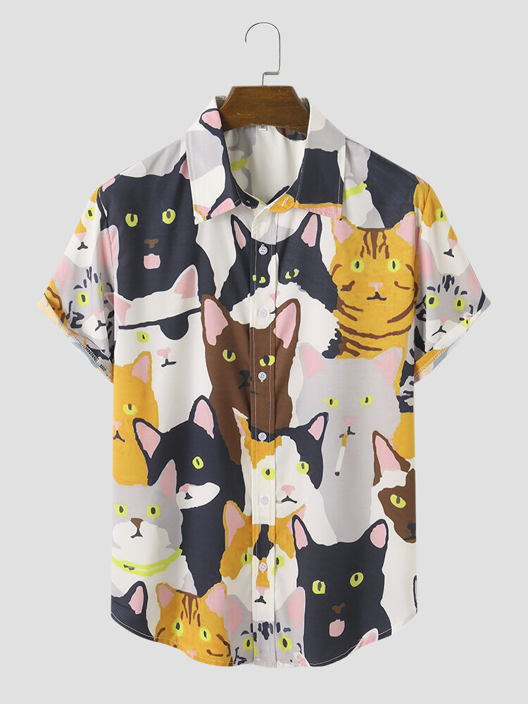 Mens All Over Cartoon Cat Print Cute Short Sleeve Shirts