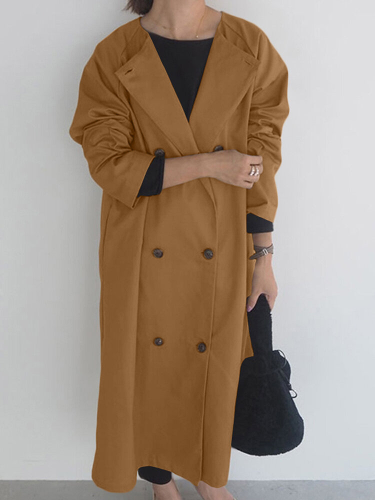 Solid Pocket Double Breasted Long Sleeve Trench Coat