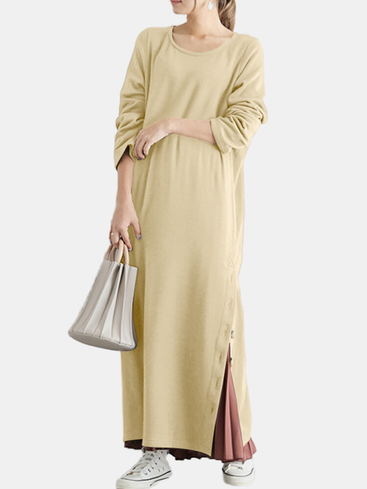 Solid Color Slit Hem Long Sleeves Casual Dresses for Women