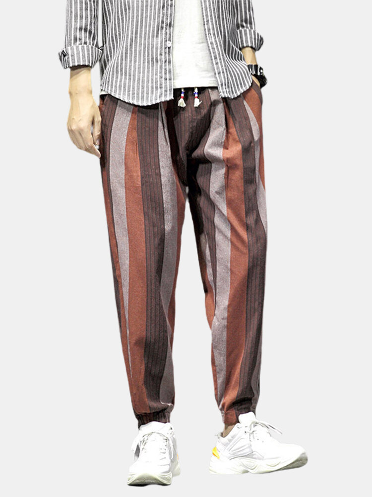 Mens Plain Stripe Casual Loose Drawstring Elastic Cuff Pants