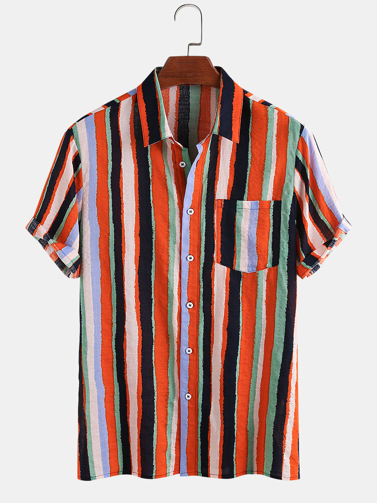 قمصان رجالي قطن للتنفس Colorful مخططة بأكمام قصيرة